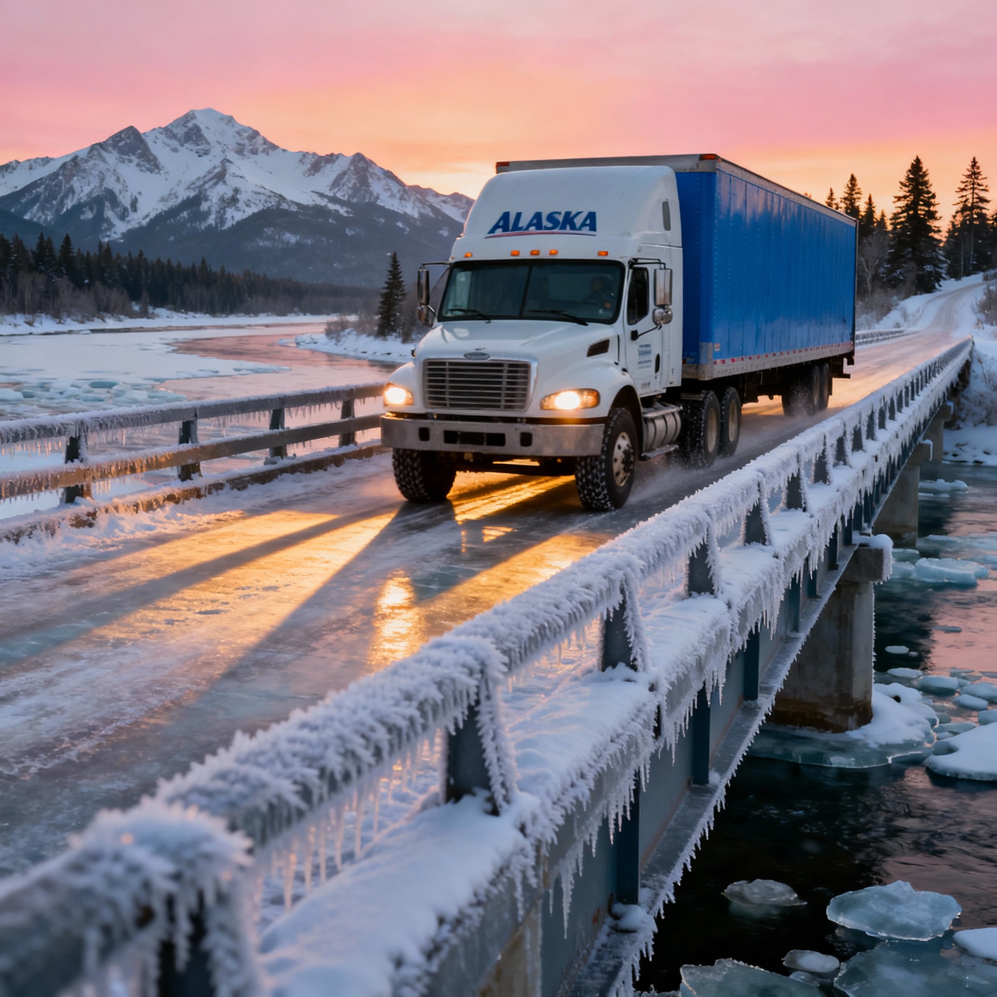 Truck on icy bridge illustrating cold-climate packing context